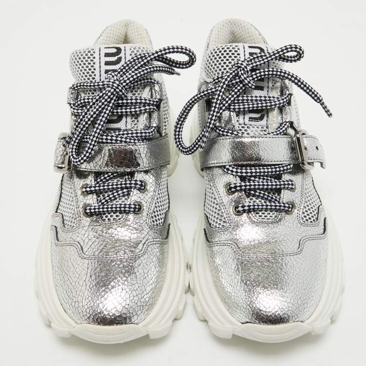 Pre Owned Miu Miu Silver Texture Leather Lace Up Sneakers Size 38