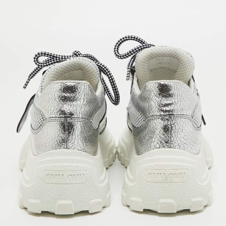 Pre Owned Miu Miu Silver Texture Leather Lace Up Sneakers Size 38