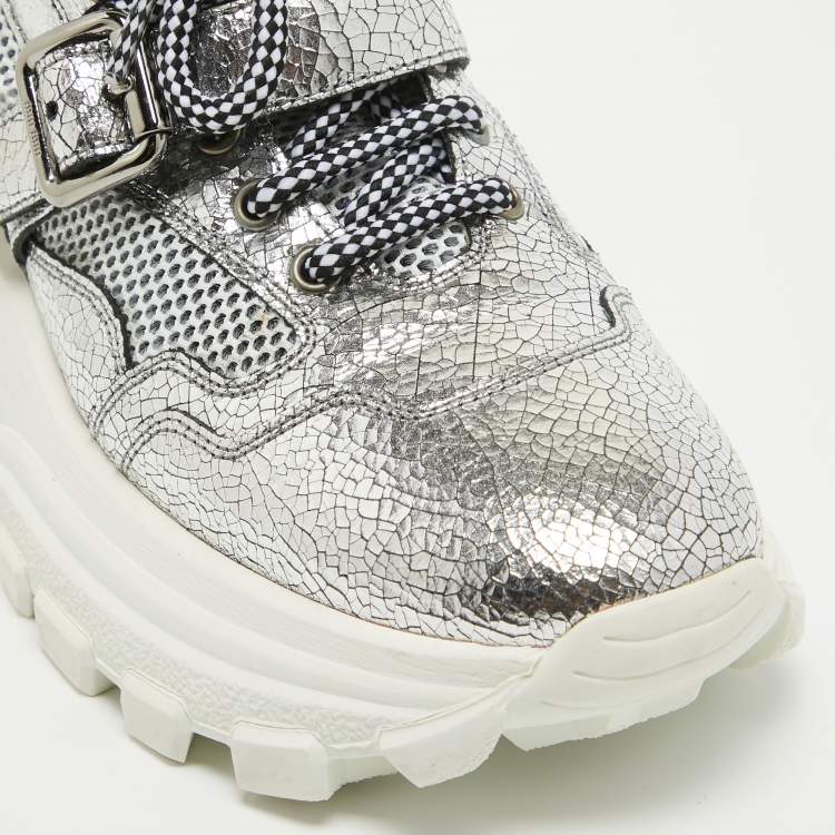 Pre Owned Miu Miu Silver Texture Leather Lace Up Sneakers Size 38