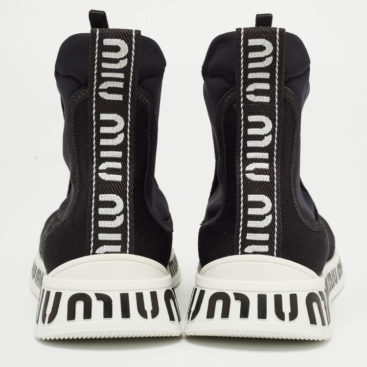 Pre Owned Miu Miu Black Knit Fabric and Neoprene High Top Sneakers Size 35