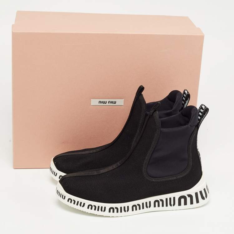 Pre Owned Miu Miu Black Knit Fabric and Neoprene High Top Sneakers Size 35