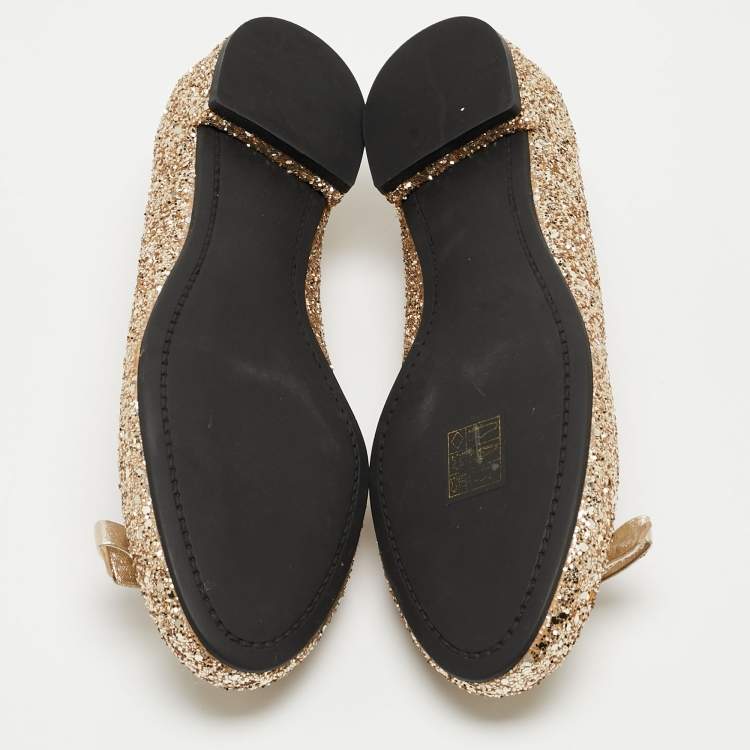 Pre Owned Miu Miu Gold Coarse Glitter Bow Ballet Flats Size 37