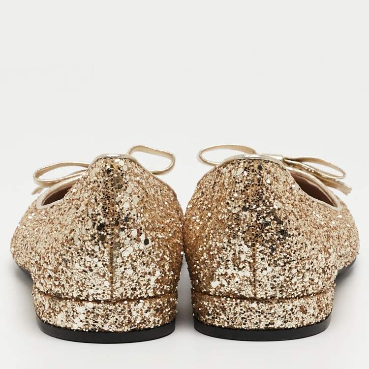 Pre Owned Miu Miu Gold Coarse Glitter Bow Ballet Flats Size 37