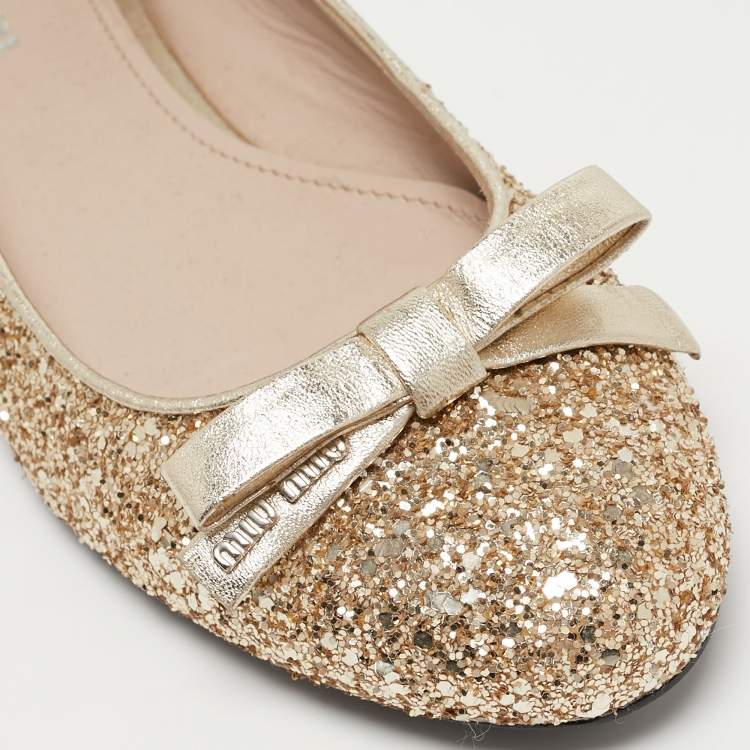Pre Owned Miu Miu Gold Coarse Glitter Bow Ballet Flats Size 37