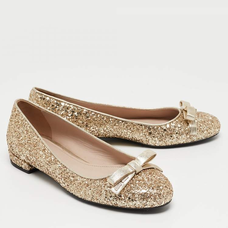Pre Owned Miu Miu Gold Coarse Glitter Bow Ballet Flats Size 37