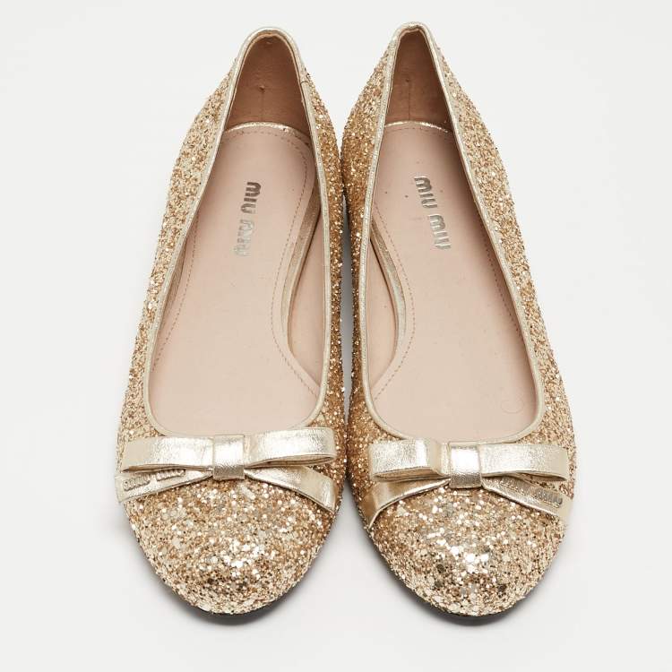 Pre Owned Miu Miu Gold Coarse Glitter Bow Ballet Flats Size 37
