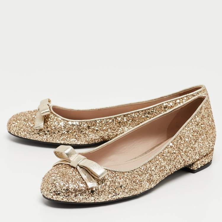 Pre Owned Miu Miu Gold Coarse Glitter Bow Ballet Flats Size 37