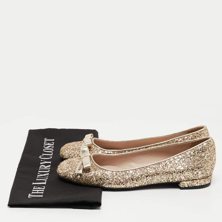 Pre Owned Miu Miu Gold Coarse Glitter Bow Ballet Flats Size 37