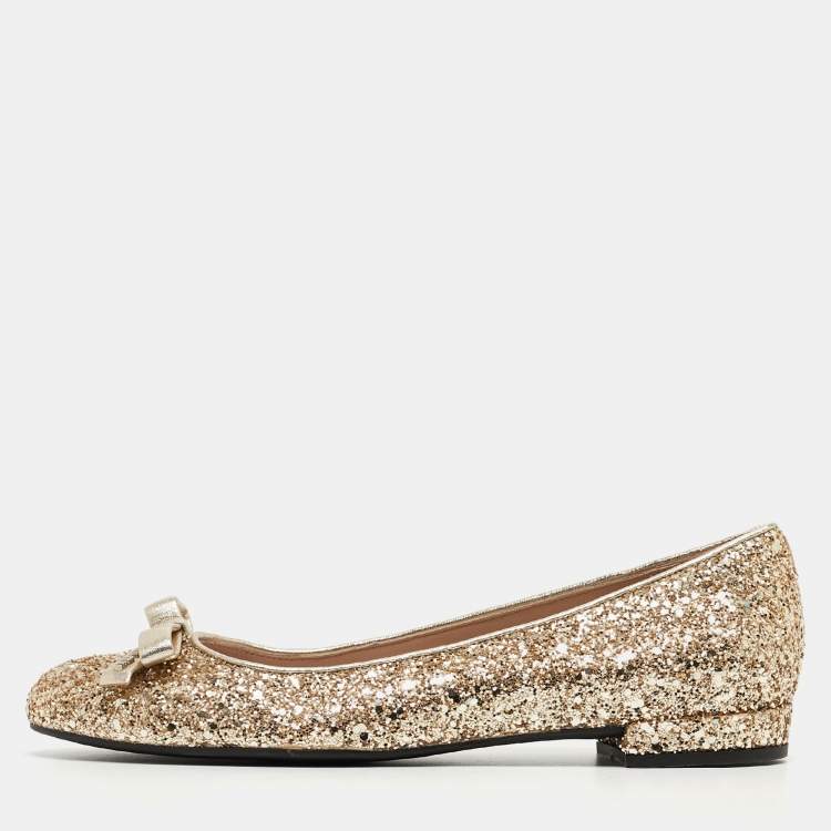 Pre Owned Miu Miu Gold Coarse Glitter Bow Ballet Flats Size 37