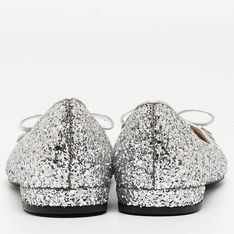 Pre Owned Miu Miu Silver Coarse Glitter Bow Ballet Flats Size 36.5