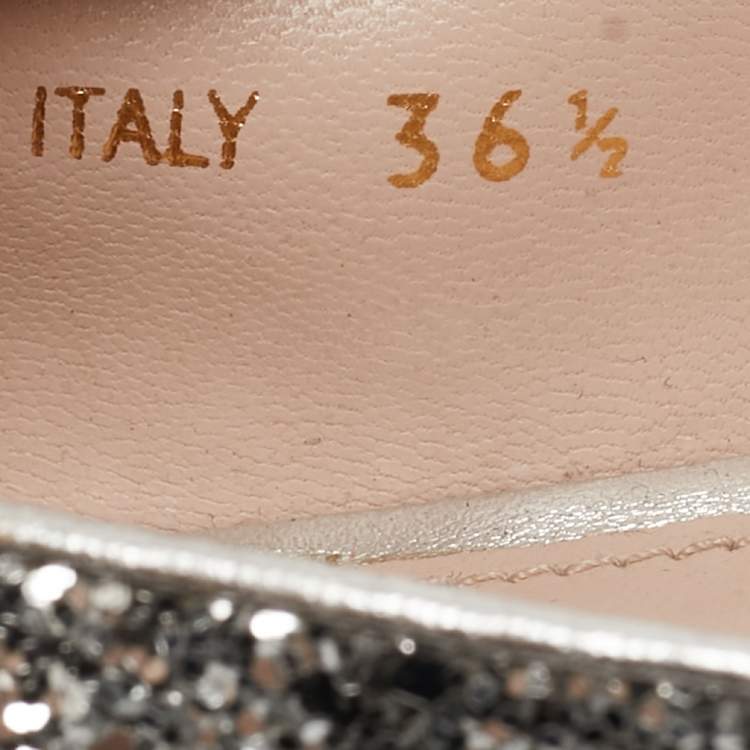 Pre Owned Miu Miu Silver Coarse Glitter Bow Ballet Flats Size 36.5