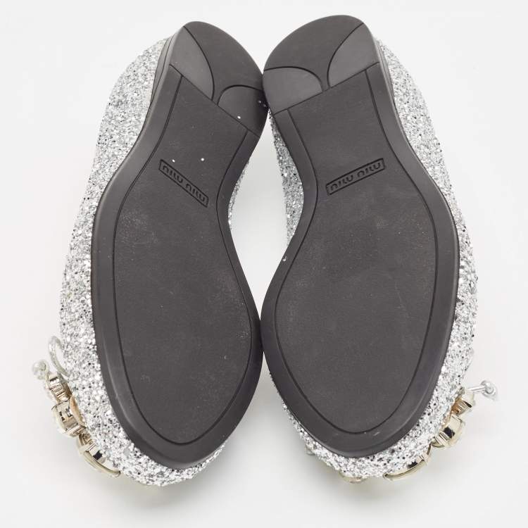 Pre Owned Miu Miu Silver Glitter Ballet Flats Size 36.5