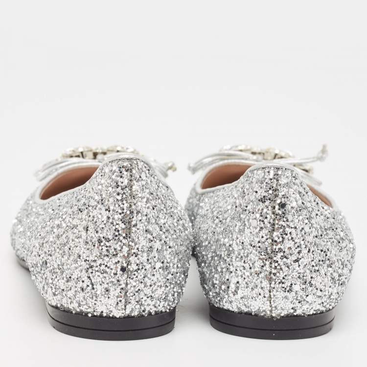 Pre Owned Miu Miu Silver Glitter Ballet Flats Size 36.5