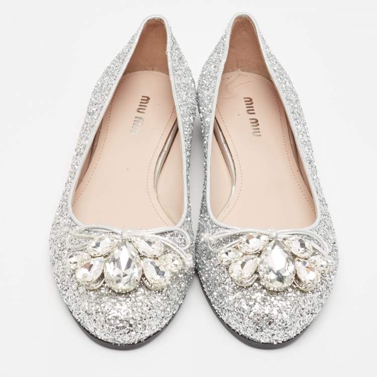 Pre Owned Miu Miu Silver Glitter Ballet Flats Size 36.5