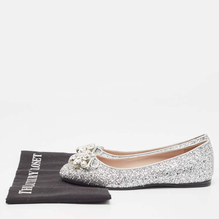 Pre Owned Miu Miu Silver Glitter Ballet Flats Size 36.5