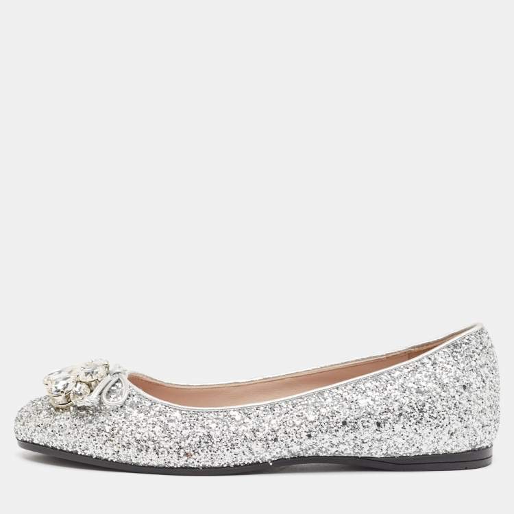 Pre Owned Miu Miu Silver Glitter Ballet Flats Size 36.5