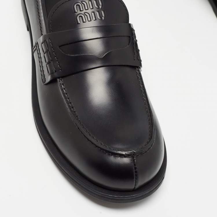Pre Owned Miu Miu Black Leather Slip On Loafers Size 39.5