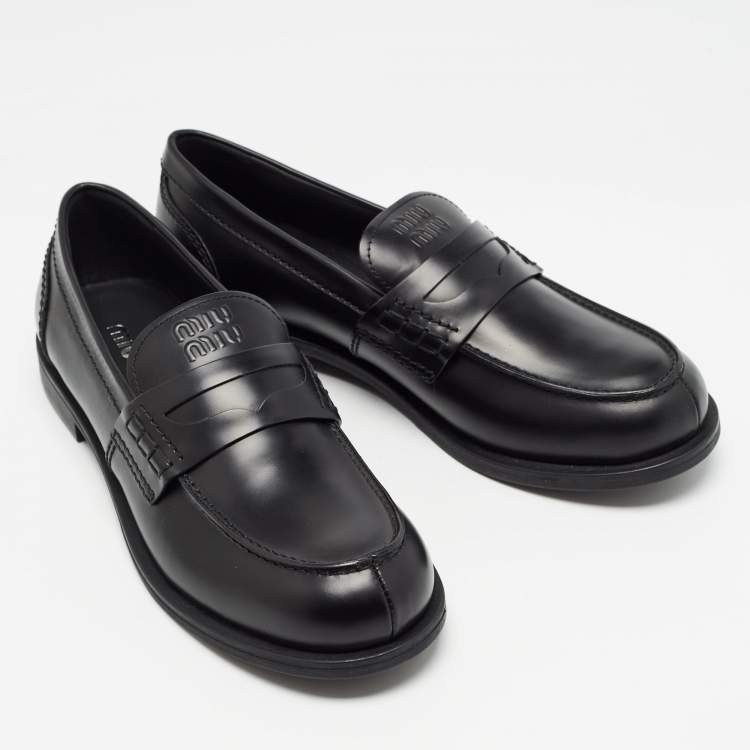 Pre Owned Miu Miu Black Leather Slip On Loafers Size 39.5