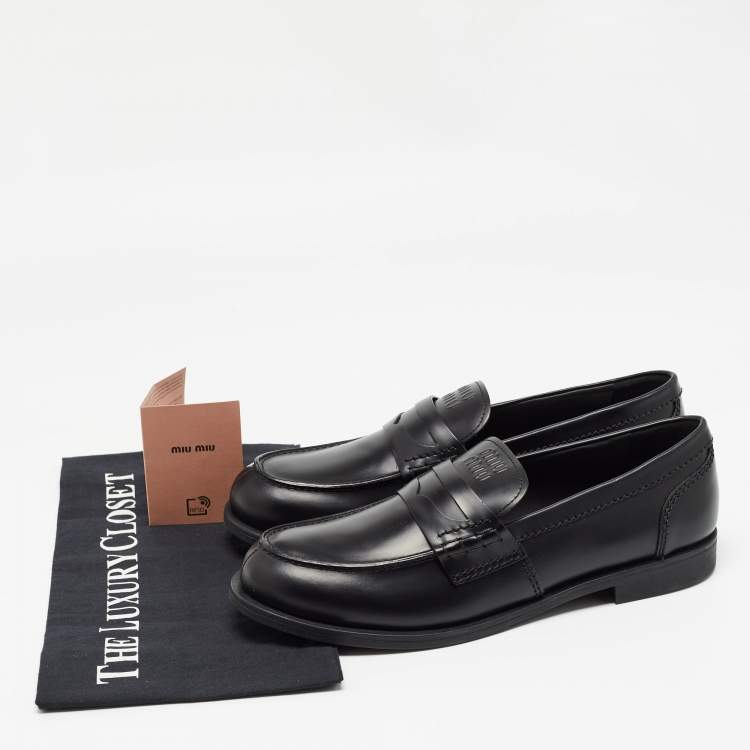 Pre Owned Miu Miu Black Leather Slip On Loafers Size 39.5
