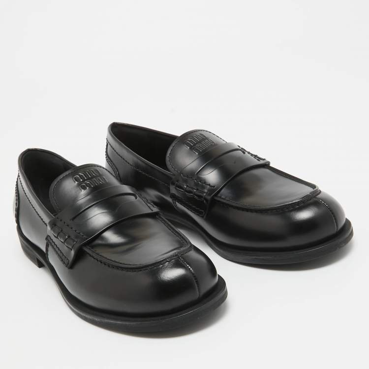 Pre Owned Miu Miu Black Leather Slip On Loafers Size 39