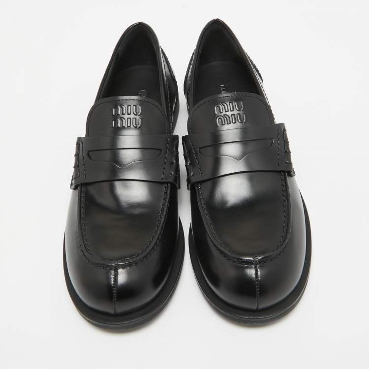 Pre Owned Miu Miu Black Leather Slip On Loafers Size 39