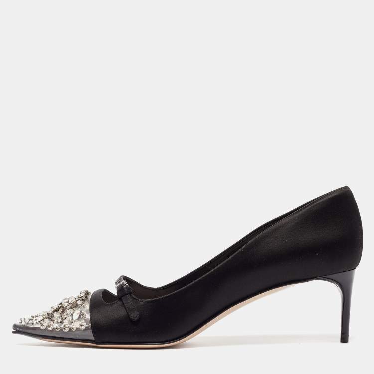 Pre Owned Miu Miu Black Satin and PVC Lazy Jewel Pumps Size 37.5