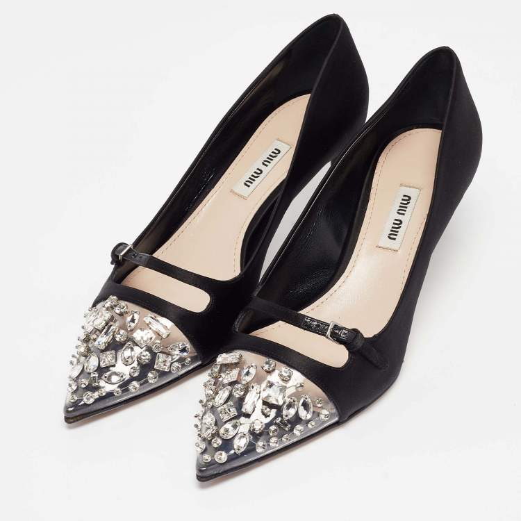 Pre Owned Miu Miu Black Satin and PVC Lazy Jewel Pumps Size 37.5