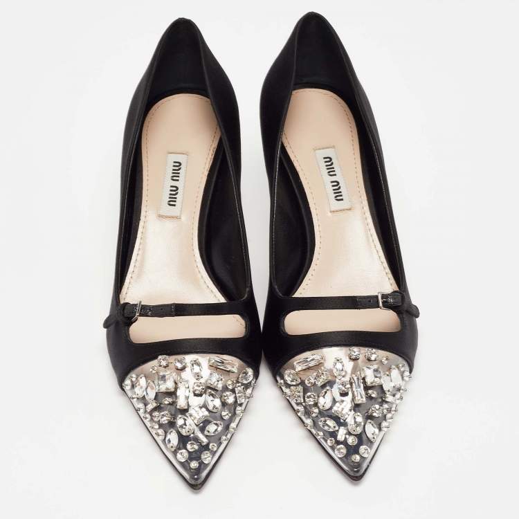 Pre Owned Miu Miu Black Satin and PVC Lazy Jewel Pumps Size 37.5
