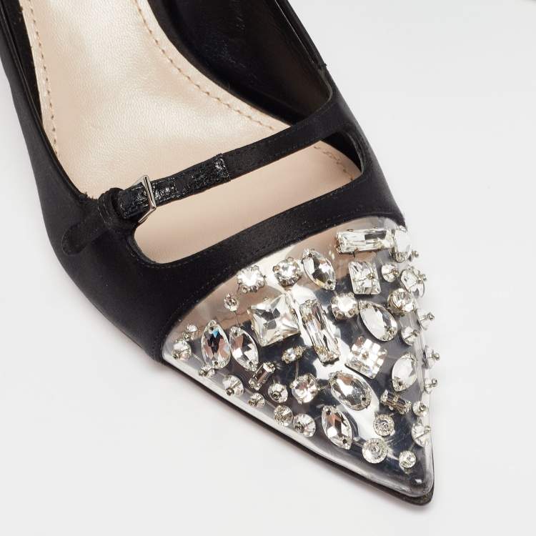 Pre Owned Miu Miu Black Satin and PVC Lazy Jewel Pumps Size 37.5