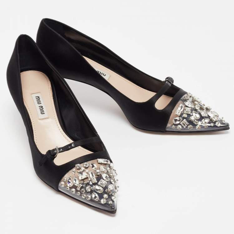 Pre Owned Miu Miu Black Satin and PVC Lazy Jewel Pumps Size 37.5
