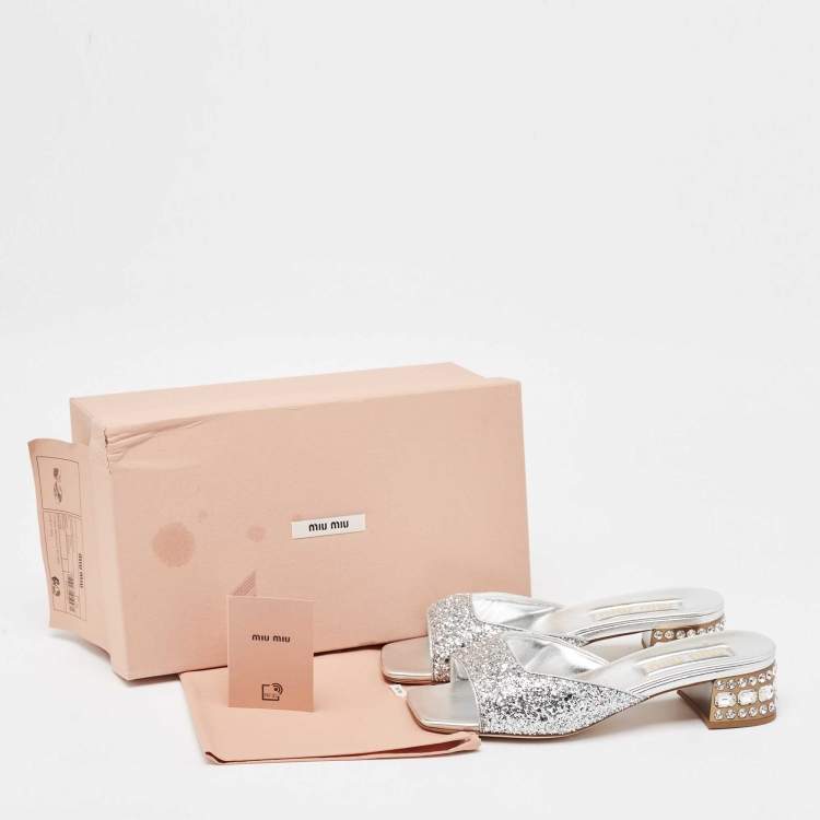 Pre Owned Miu Miu Silver Glitter Embellished Block Heel Slide Sandals Size 38