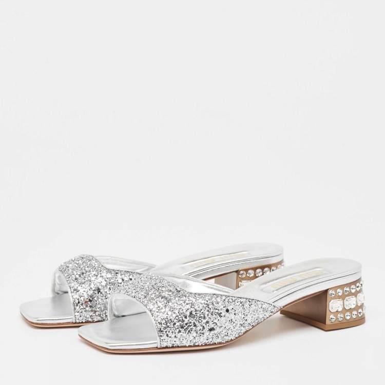 Pre Owned Miu Miu Silver Glitter Embellished Block Heel Slide Sandals Size 38