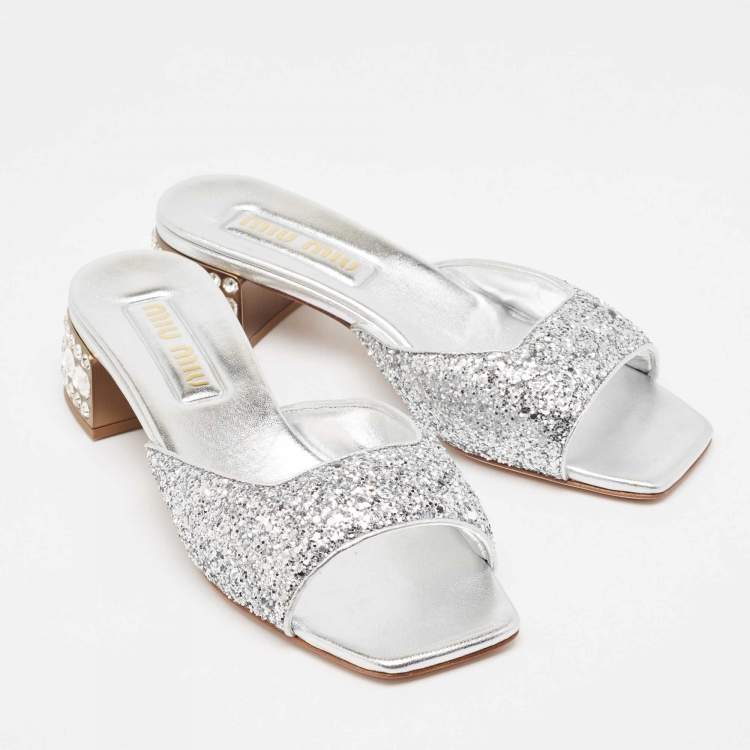 Pre Owned Miu Miu Silver Glitter Embellished Block Heel Slide Sandals Size 38