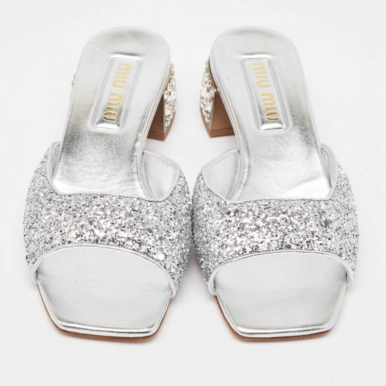 Pre Owned Miu Miu Silver Glitter Embellished Block Heel Slide Sandals Size 38