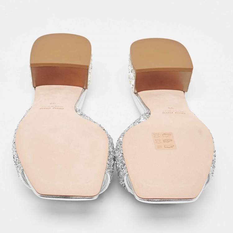 Pre Owned Miu Miu Silver Glitter Embellished Block Heel Slide Sandals Size 38