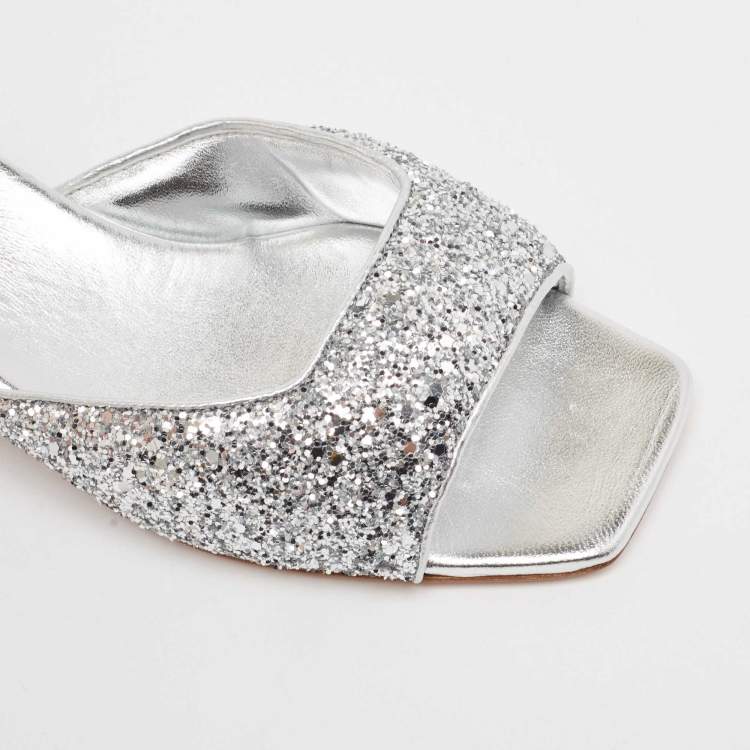 Pre Owned Miu Miu Silver Glitter Embellished Block Heel Slide Sandals Size 38