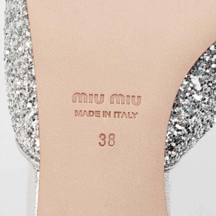 Pre Owned Miu Miu Silver Glitter Embellished Block Heel Slide Sandals Size 38