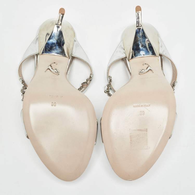 Pre Owned Miu Miu Silver Leather Crystal Embellished Slide Sandals Size 39