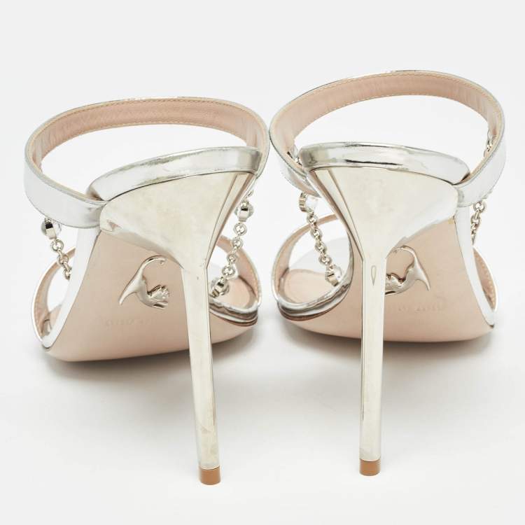 Pre Owned Miu Miu Silver Leather Crystal Embellished Slide Sandals Size 39