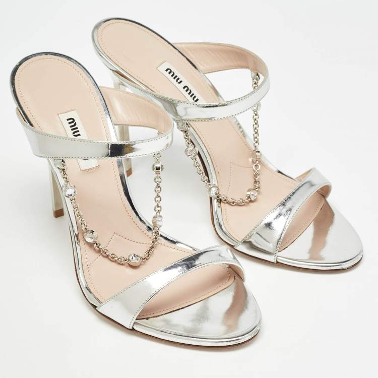 Pre Owned Miu Miu Silver Leather Crystal Embellished Slide Sandals Size 39