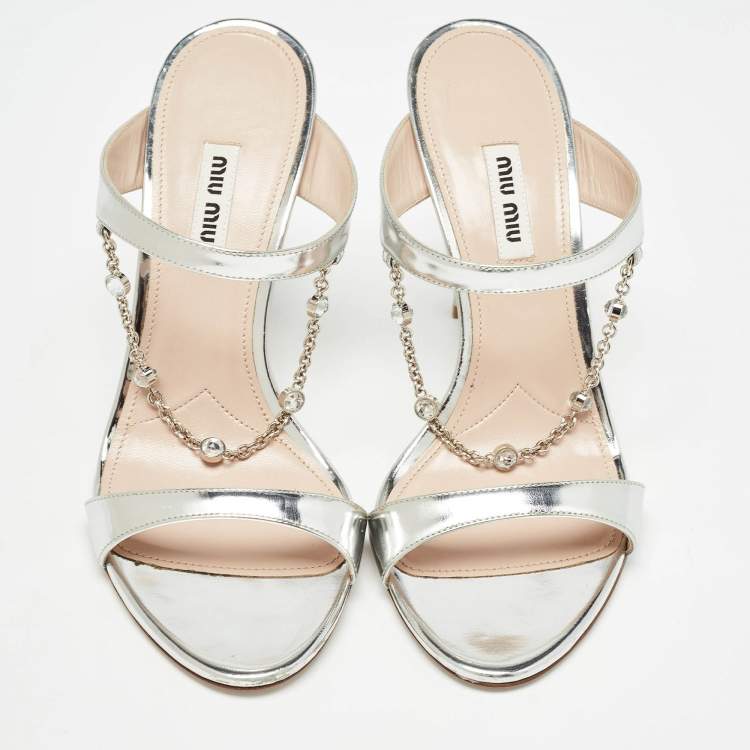 Pre Owned Miu Miu Silver Leather Crystal Embellished Slide Sandals Size 39