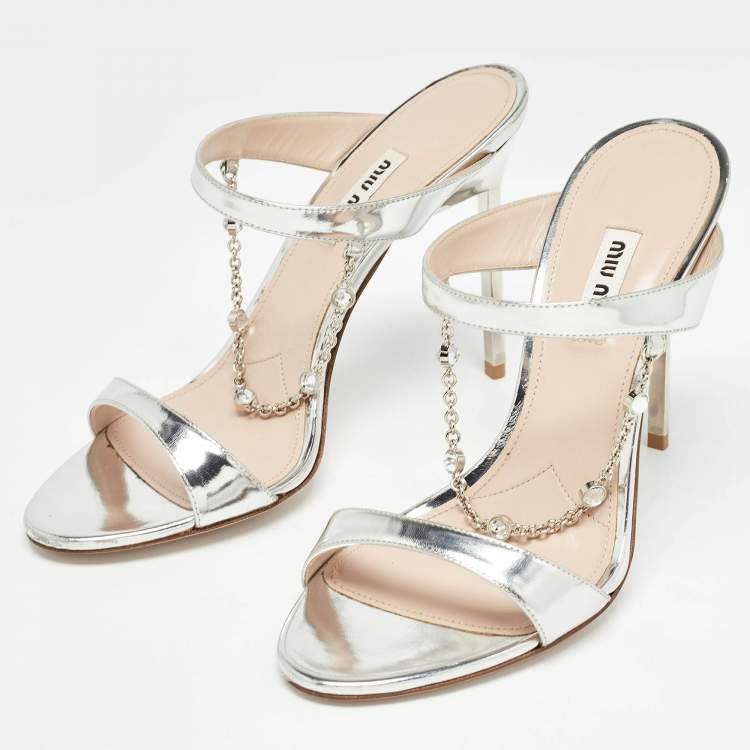 Pre Owned Miu Miu Silver Leather Crystal Embellished Slide Sandals Size 39
