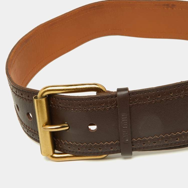 Pre Owned Miu Miu Brown Leather Wide Waist Buckle Belt 85CM