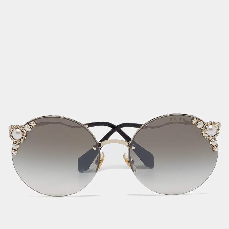 Pre Owned Miu Miu Black/Gold Gradient Manière Pearl Round Sunglasses