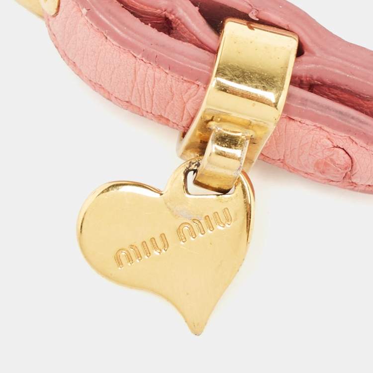 Pre Owned Miu Miu Pink Leather Gold Tone Strap Wrap Bracelet