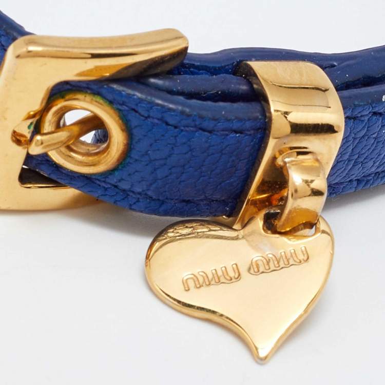 Pre Owned Miu Miu Blue Leather Heart Charm Wrap Bracelet