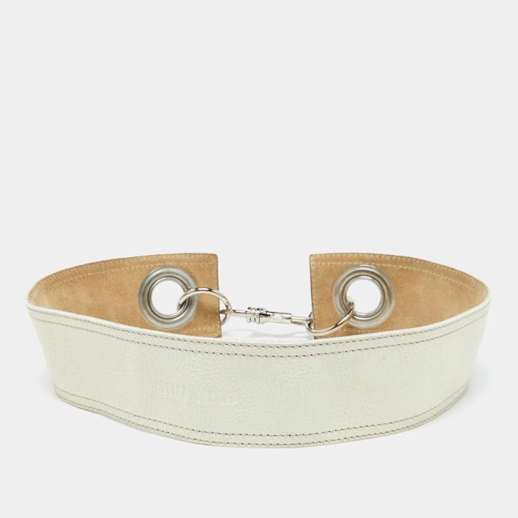 Pre Owned Miu Miu Off White Leather Buckle Waist Belt 85CM