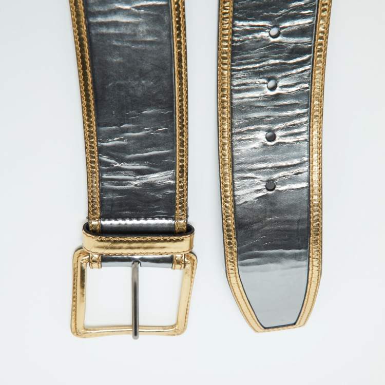 Pre Owned Miu Miu Metallic Silver/Gold Patent Leather Waist Belt 85CM