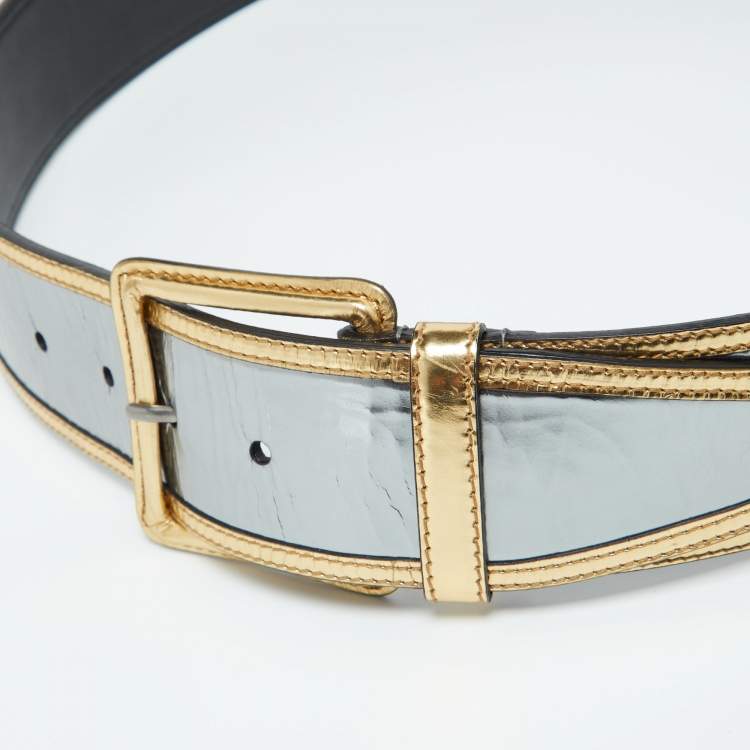 Pre Owned Miu Miu Metallic Silver/Gold Patent Leather Waist Belt 85CM