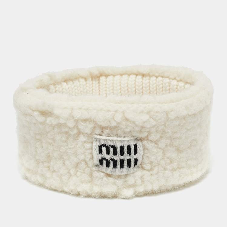 Pre Owned Miu Miu White Logo Applique Shearling Head band